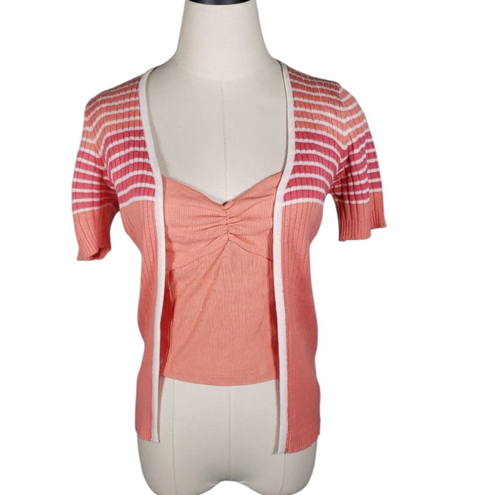 Vtg Open Coral Striped Cardigan Twin Set Matching AEO Cropped Babydoll Puff Slv